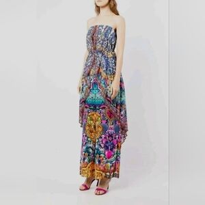 Camilla Strapless Silk Overlay Jumpsuit Multicolor Beaded Waist Tie Size M